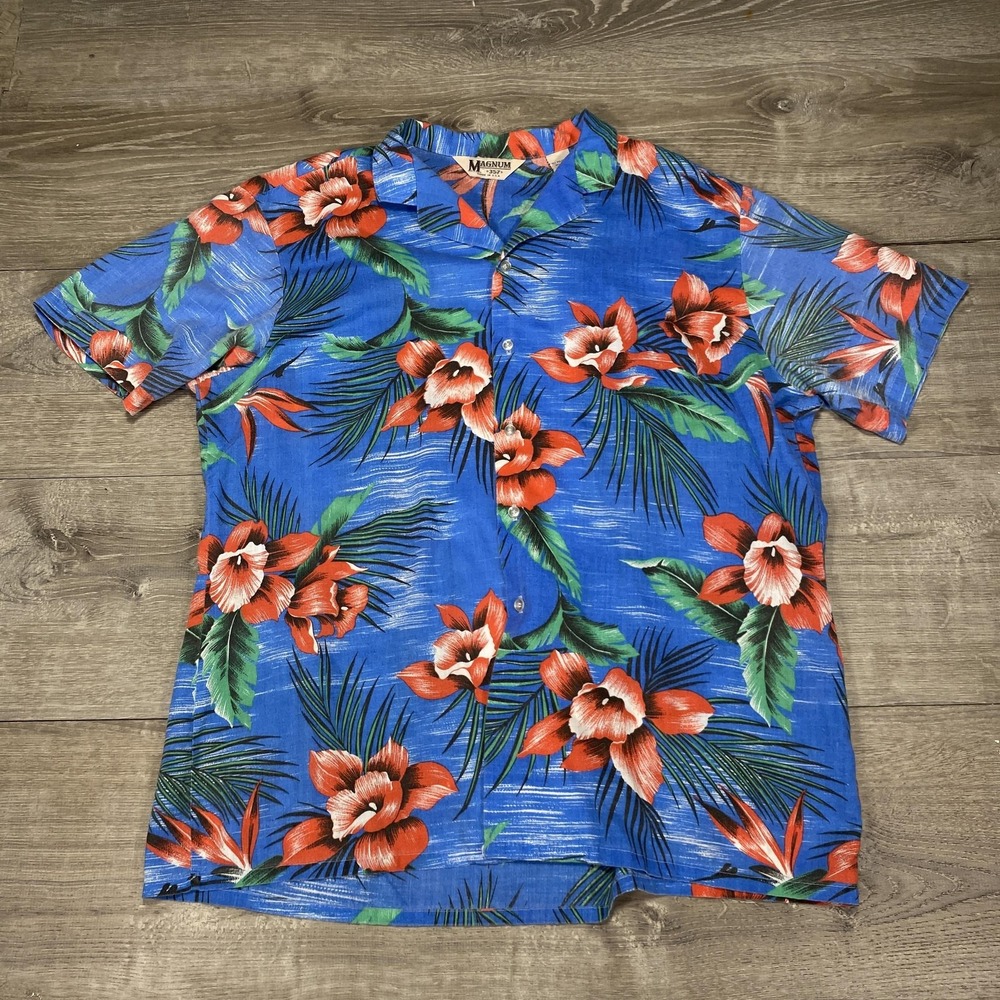 Magnum Hawaii Shirt Mens XL Blue Red Floral Hawaiian Button Up Camp Aloha Casual
